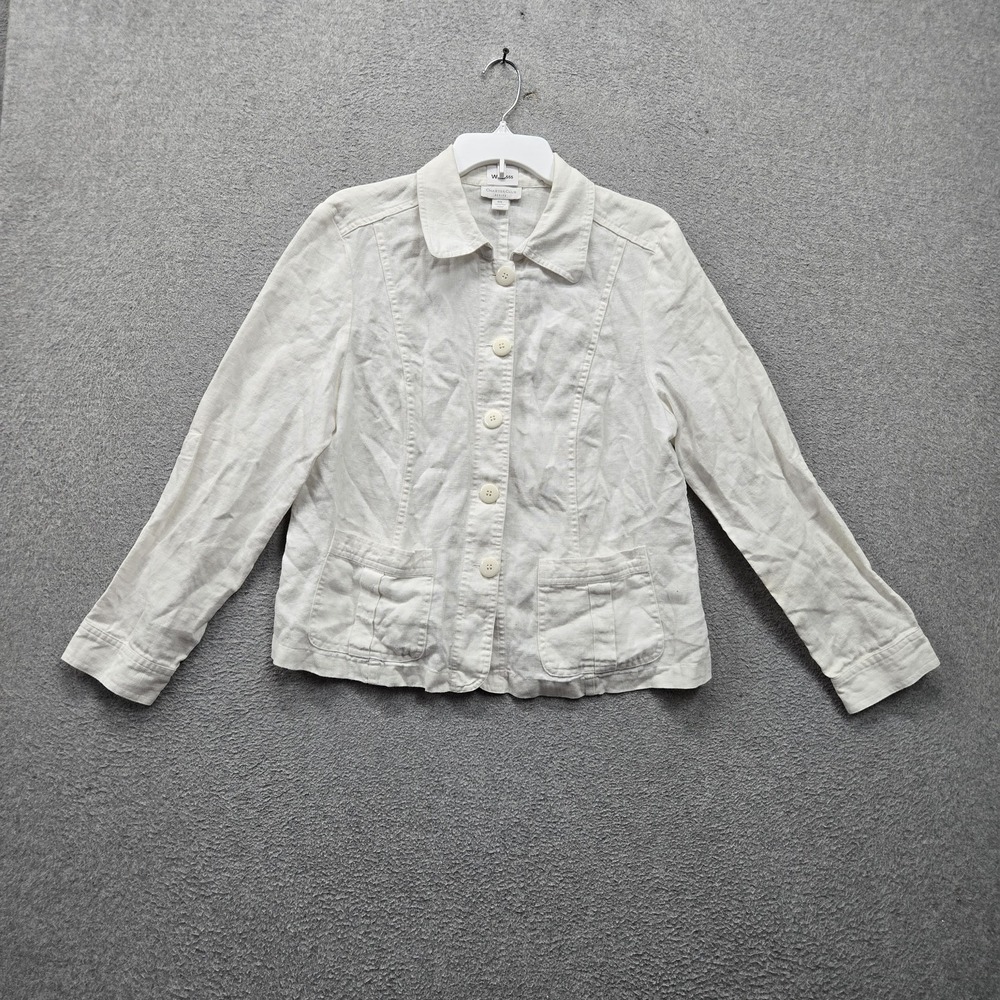 Charter Club Women Jacket PL White 100% Linen Lightweight Button Up Collared